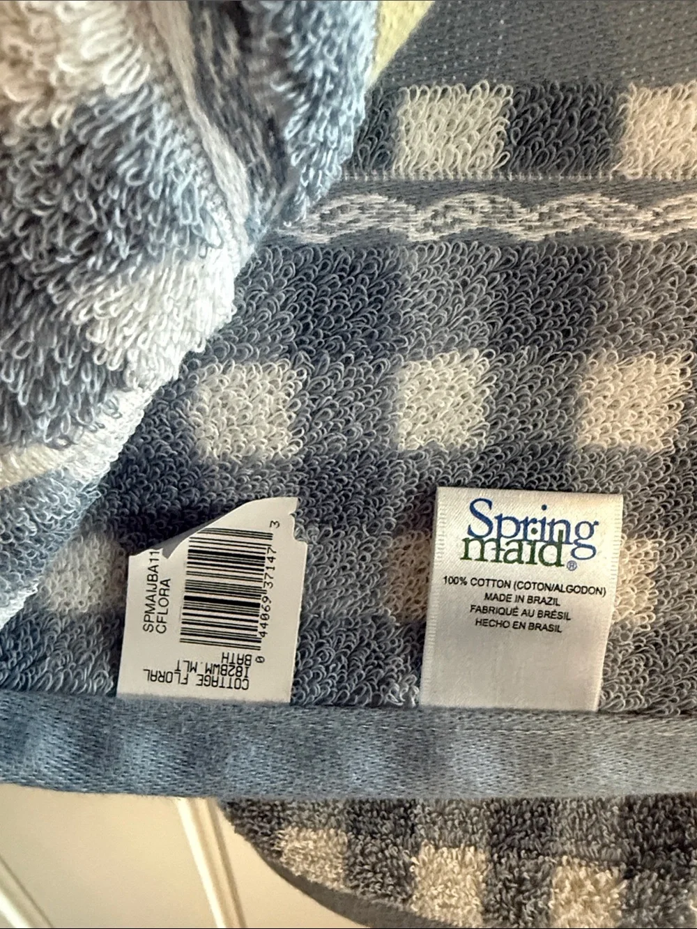 Classic Blue and White Check Cotton Bath Towel with Floral Trim